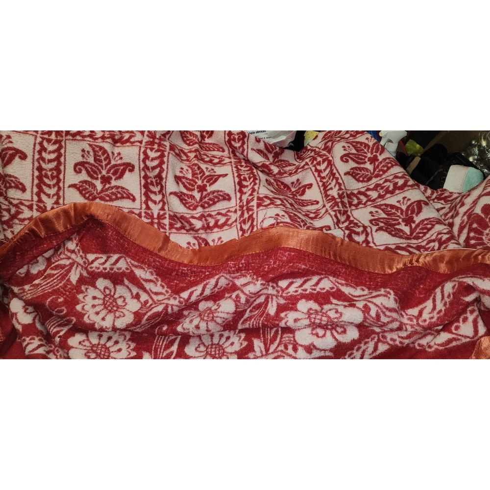 Vintage Twin XL Red White Acrylic Blanket Satin Binding Edges Rare Jaquard 50s